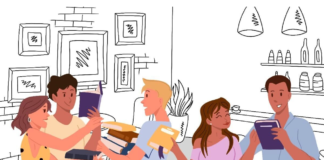 Celebrating Book Lovers Day with my favourite reads this year An illustration of about five students talking and exchanging textbooks in an enclosed space.