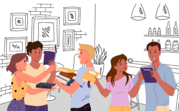 Celebrating Book Lovers Day with my favourite reads this year An illustration of about five students talking and exchanging textbooks in an enclosed space.