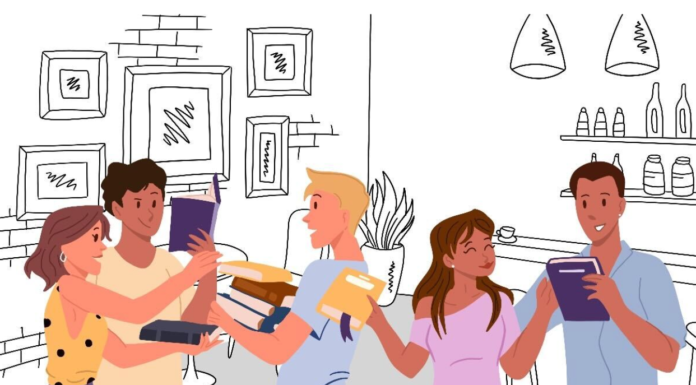 ‘Total sunk cost’: Are time-bound online textbooks actually saving Canadian students money? An illustration of about five students talking and exchanging textbooks in an enclosed space.