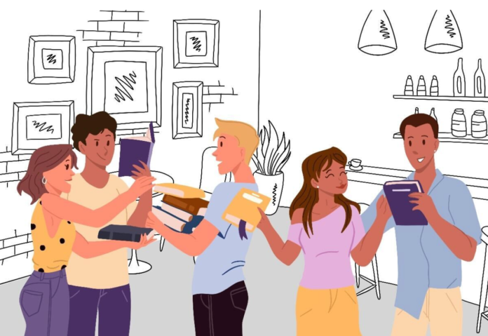 Screenshot 2026-02-21 at 10.04.19 AM An illustration of about five students talking and exchanging textbooks in an enclosed space.