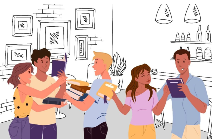 Celebrating Book Lovers Day with my favourite reads this year An illustration of about five students talking and exchanging textbooks in an enclosed space.