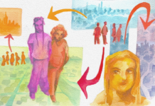 Refugee communities use global partnership for positive change, Carleton expert says An illustration of different groups of people walking with arrows pointing in different directions the people are moving towards