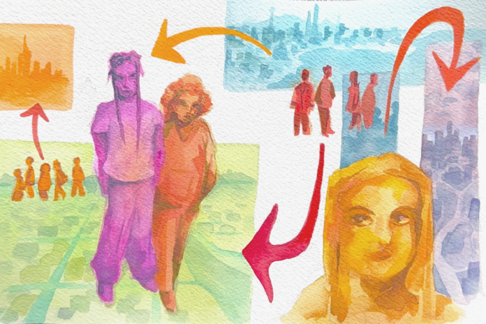 An illustration of different groups of people walking with arrows pointing in different directions the people are moving towards