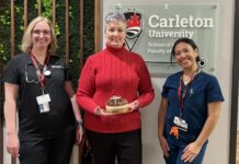 From sweet treats to high-pressure simulations, here’s how Carleton’s new nursing program is shaping up Three women - one in black, another in red and another in blue scrubs standing in front of a Carleton University sign.
