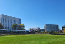 Carleton students to design new campus green space Train goes by in a field of green at Carleton University campus