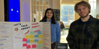 No Room for Students: How a CUSA report is highlighting student rent issues Two people stand at a table with a fold-out cardboard poster with sticky notes and a message that says "Let's talk about rent, your rent"