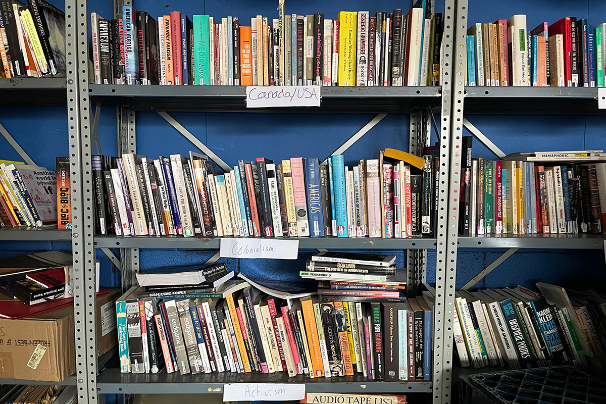 Bookshelves line a wall