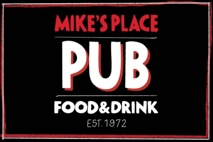 Screenshot 2026-06-12 112035 Illustration of a black sign reading 'Mike's Place Pub, Food and Drink. Established in 1972.'