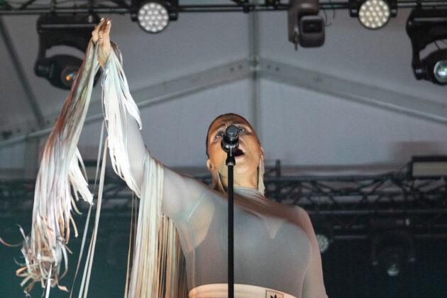 Woman raises arm while singing into mic