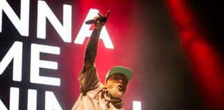 Bluesfest Day 2 review: Limp Bizkit brings the house down with metal nostalgia and a hometown surprise Man raises arm with microphone on stage with song lyrics behind him