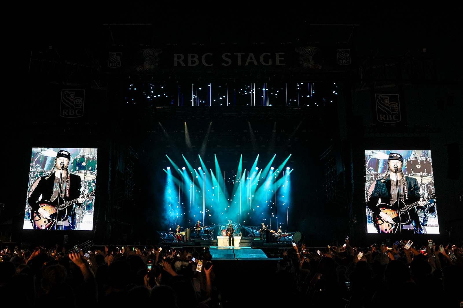 GregKolzLumineers1 Massive crowd at LeBreton flats in front of RBC Stage with bright screens and lights illuminating band on stage