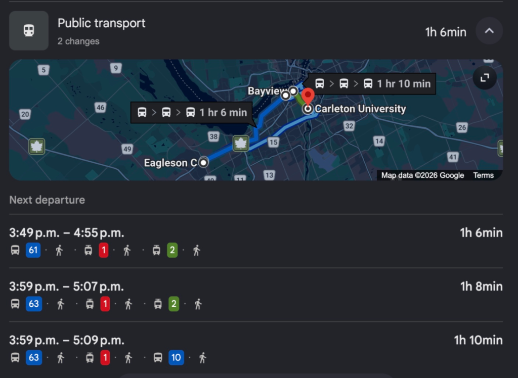 Screenshot of hour long commute times from Eagleson Park and Ride to Carleton University