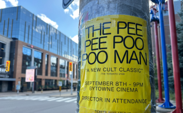 Review: The Pee Pee Poo Poo Man is worth its cult following A yellow poster outside on a pole for the Pee Pee Poo Poo Man