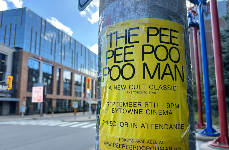 Review: The Pee Pee Poo Poo Man is worth its cult following A yellow poster outside on a pole for the Pee Pee Poo Poo Man